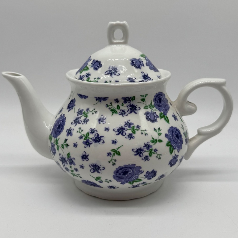 Vtg Purple Rose Chintz Teapot Porcelain Violet Floral Calico Strainer Lid 8.5"